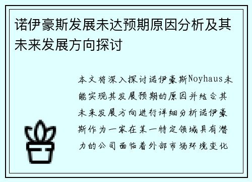 诺伊豪斯发展未达预期原因分析及其未来发展方向探讨